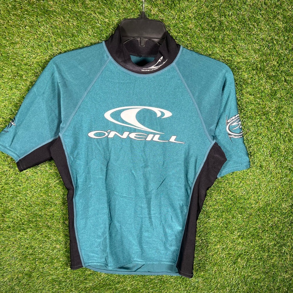 O'Neill Mens Short Sleeve Rash Guard Teal Black Mock Neck Swim Shirt Medium